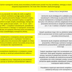 Żółte i białe pola z tekstem dotyczącym wypowiedzenia umowy o pracę i konsultacji ze związkami zawodowymi.