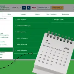 Kalendarz z datą 7 lipca 2024 i menu ZUS z zaznaczoną pozycją "Zasiłki".