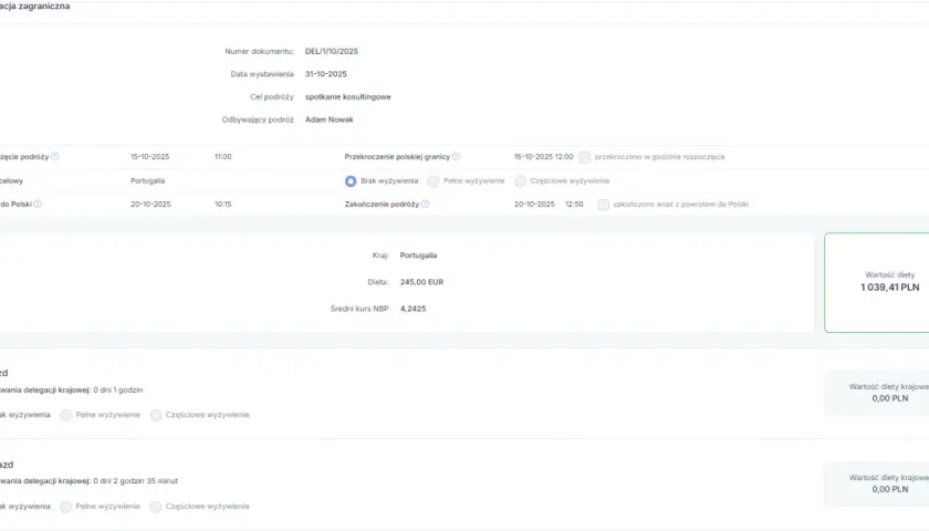 Formularz delegacji zagranicznej do Portugalii z podsumowaniem kosztów diety.