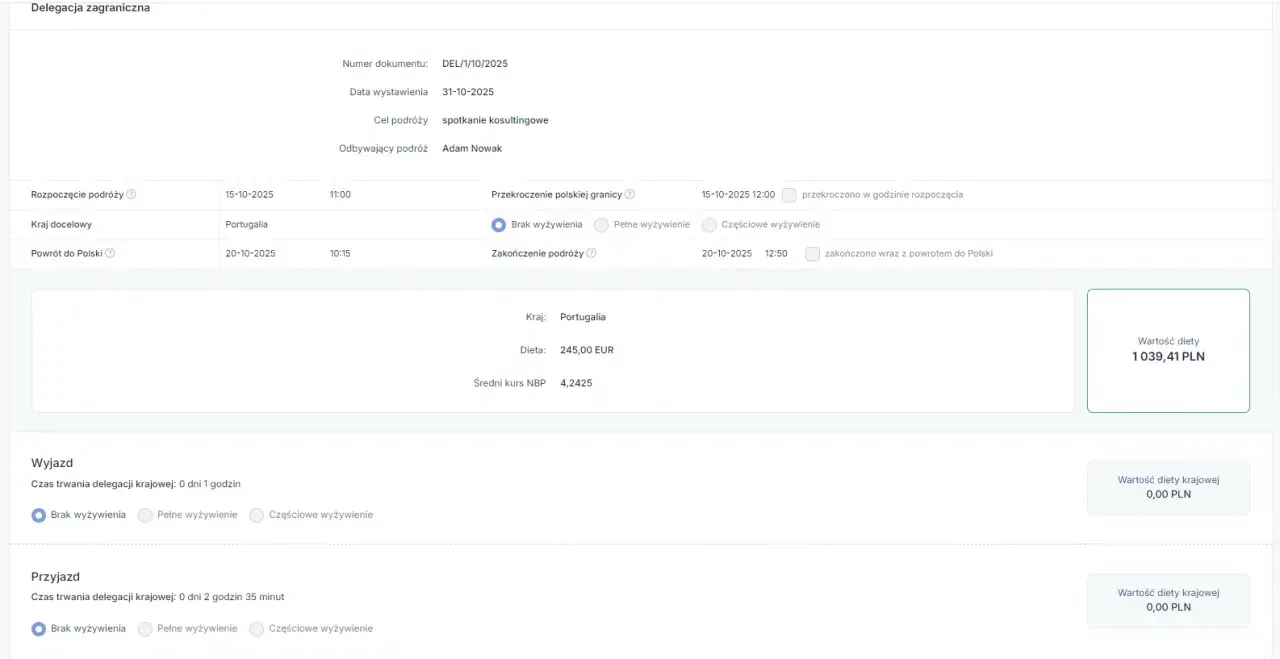 Formularz delegacji zagranicznej do Portugalii z podsumowaniem kosztów diety.