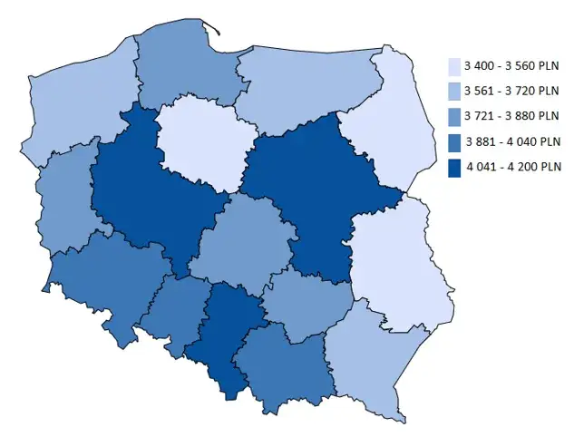 Mapa zarobków pracowników fizycznych Polska 2025